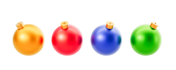 Four shiny Christmas baubles in gold, red, blue, and green on a white background. Concept of festive decoration. 3D Rendering