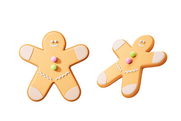 Fototapeta premium Two gingerbread cookies with icing smiles and colorful buttons on a white background. Christmas treat concept. 3D Rendering
