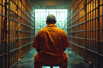 A prisoner in an orange jumpsuit sits alone in a cell at dawn