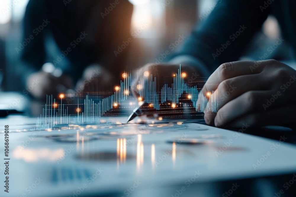 Poster a hand interacting with digital graphs and data visualizations on a table, representing modern analy