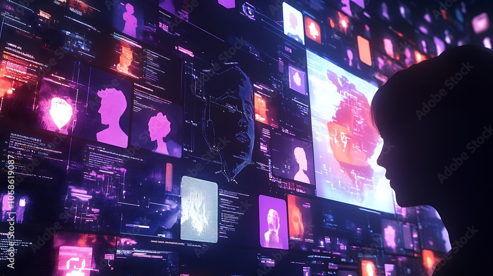 Poster silhouette of a person in front of a wall of digital screens with glowing icons and code