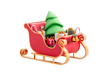 Red Christmas sleigh filled with gifts, candy canes, and a tree on white background. Concept of holiday celebration. 3D Rendering