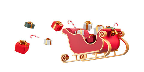 Red sleigh filled with gifts and candy canes on a white background, symbolizing Christmas joy and celebration. 3D Rendering