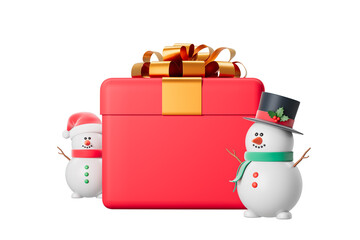 Cute snowmen with a red gift box adorned with a golden bow on a white background, symbolizing Christmas joy. 3D Rendering