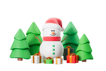 Snowman with Santa hat and scarf surrounded by gift boxes and green trees on a white background. Concept of Christmas cheer. 3D Rendering