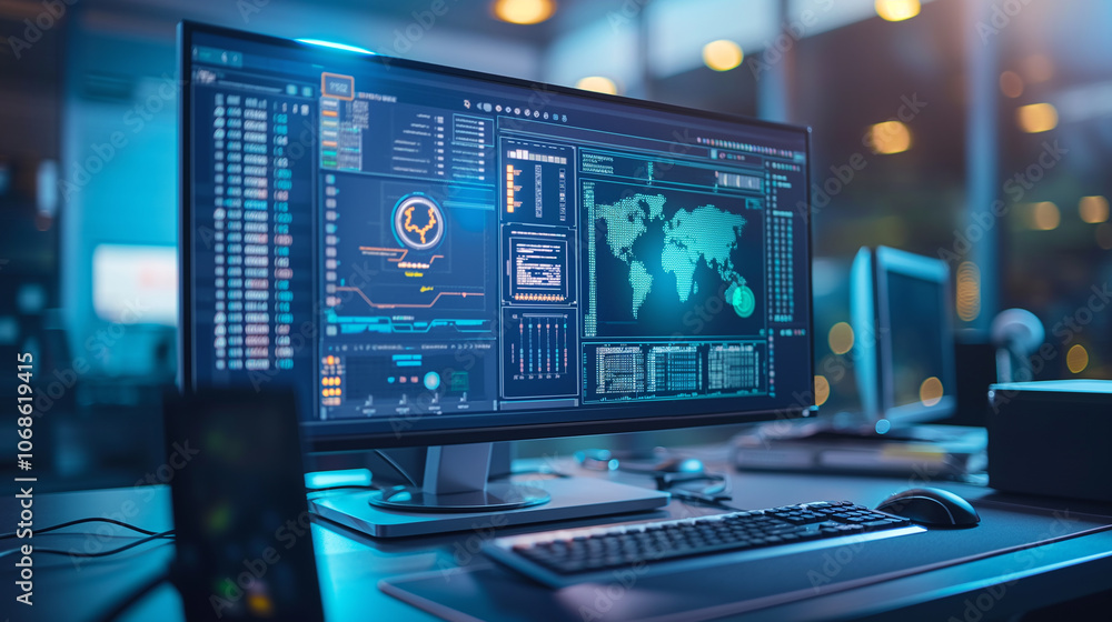 Poster desktop computer displaying futuristic cybersecurity interface, with glowing holographic elements an