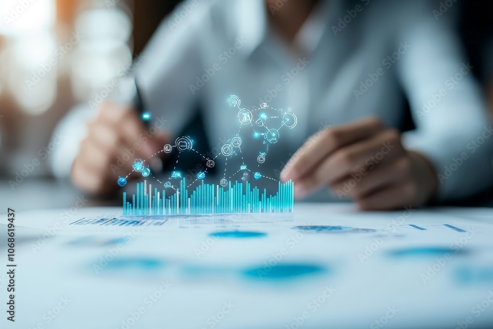 Aufkleber hands interact with digital graphics on paper, featuring futuristic data visualizations that represe