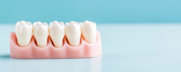 Obraz premium A close-up view of realistic dental models showcasing five white teeth set against a light blue background.