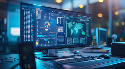 Desktop computer displaying futuristic cybersecurity interface, with glowing holographic elements and network diagrams in a dark-themed office environment.