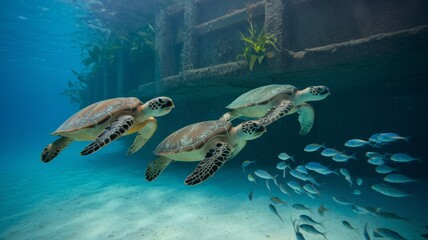 Obraz premium Photo of sea turtles swimming underwater. Three sea turtles swimming in a flock of fish. The water is clear, the bottom is sandy. In the background is a rocky structure with plants growing on it.