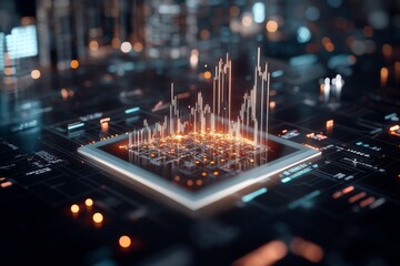 A glowing microchip embedded with data bars symbolizes advanced data processing in a futuristic digital environment, highlighting innovative technology.