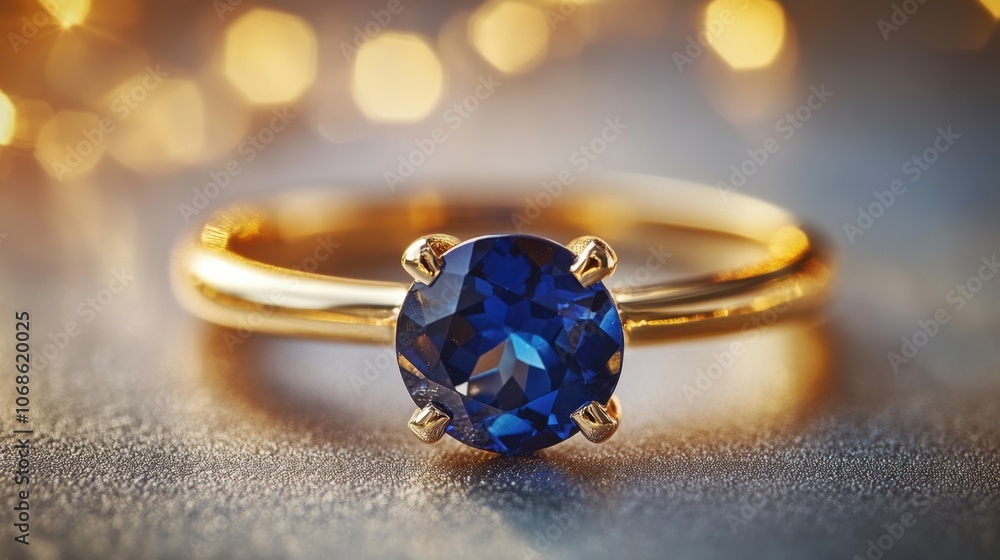 Aufkleber elegant blue gemstone ring displayed on a textured surface with shimmering bokeh lights in the backg