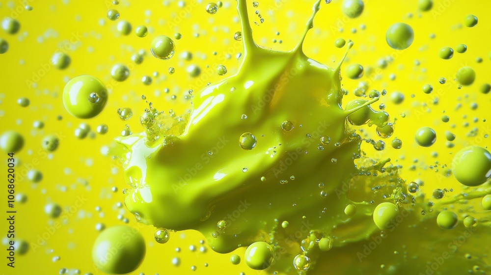 Poster a dynamic splash of vibrant yellow liquid, creating an energetic scene filled with bubbles and dropl