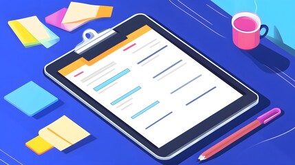 A clipboard with a checklist on a desk with a cup of tea, a pen, and sticky notes.