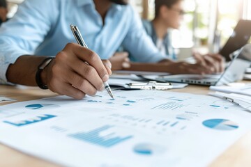 A businessman in a blue shirt intently reviews printed charts and makes notes, embodying a focused and analytical approach to business strategy and data management.