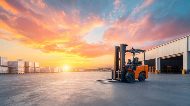 A vibrant sunset illuminates a warehouse area with a forklift parked on the smooth surface, surrounded by shipping containers.