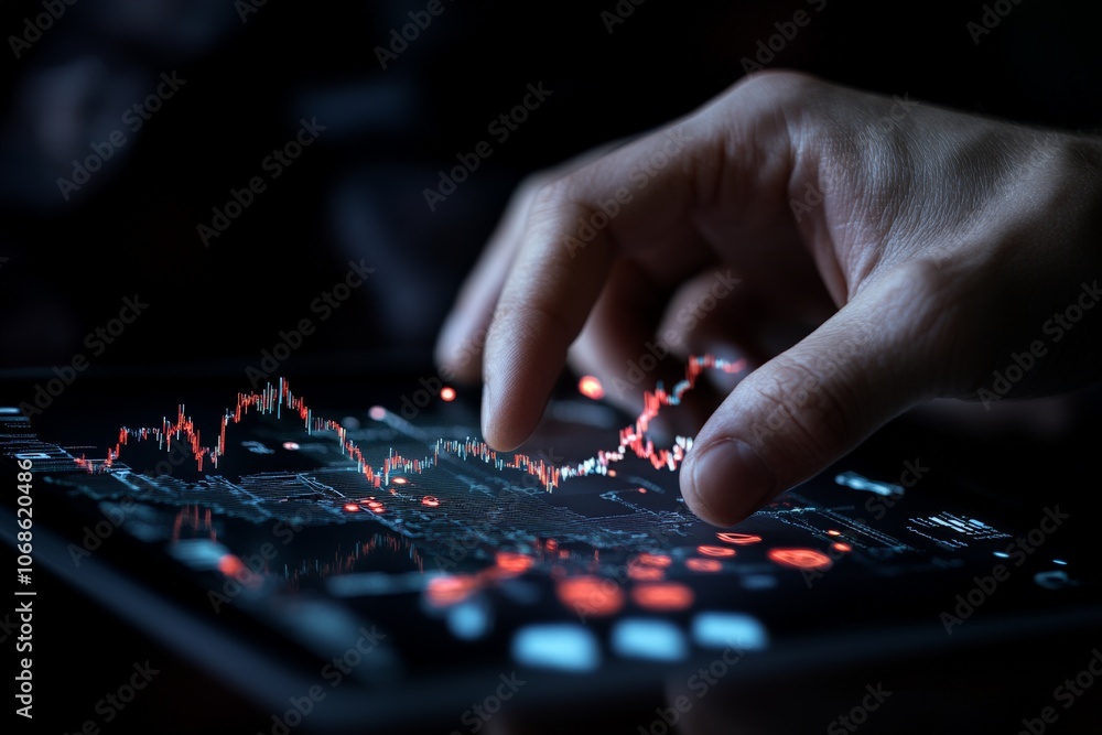 Poster a close-up of a hand interacting with a tablet displaying complex financial market data with graphs 