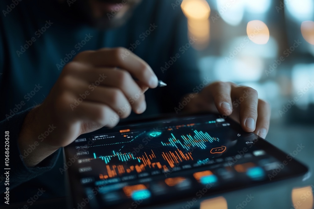 Poster a person uses a tablet to analyze financial data with an interactive interface, reflecting technolog