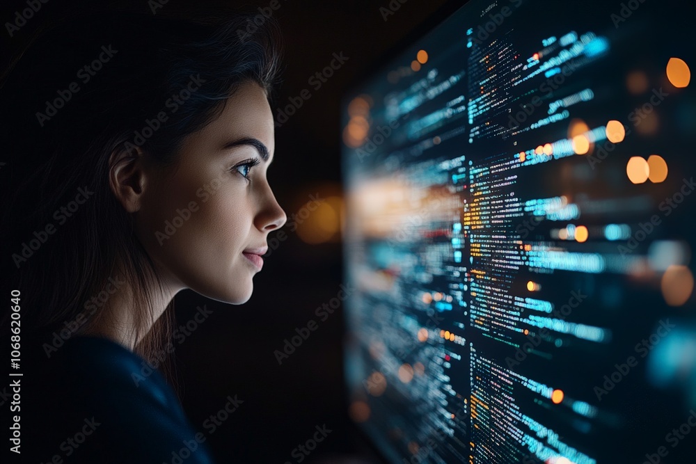 Poster a woman intensely focused on coding at a computer, with vibrant code displayed on the screen, creati
