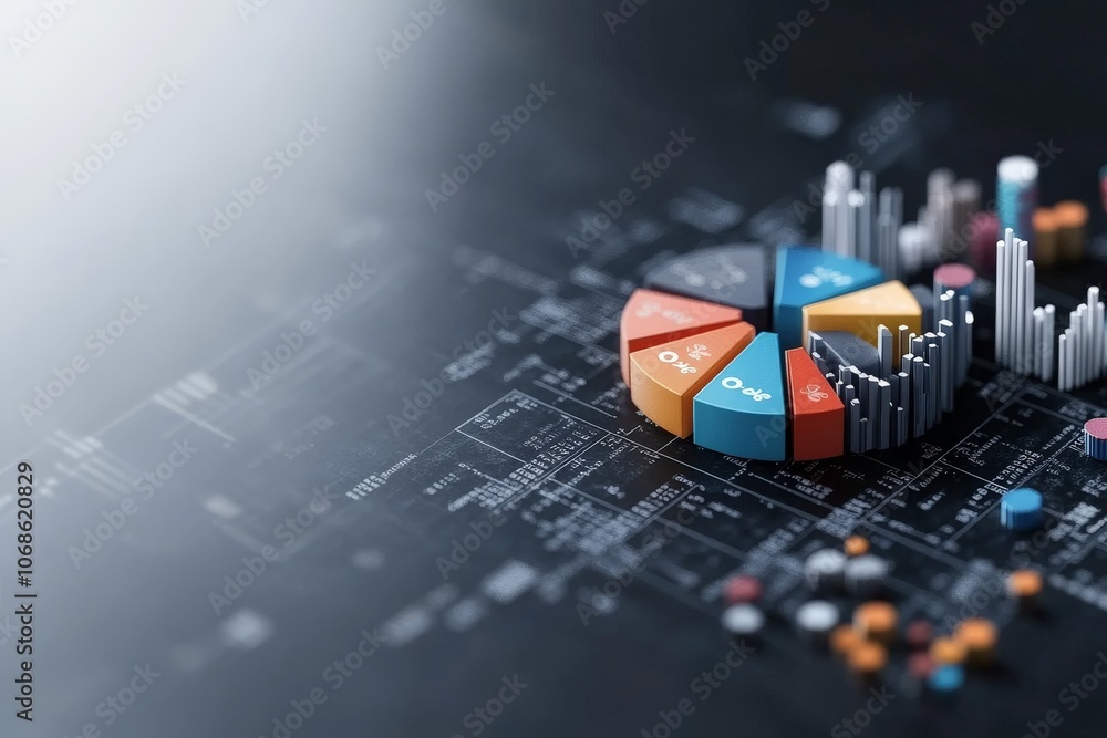Poster a detailed pie chart segmented into various colors lies prominently on a digital interface, surround