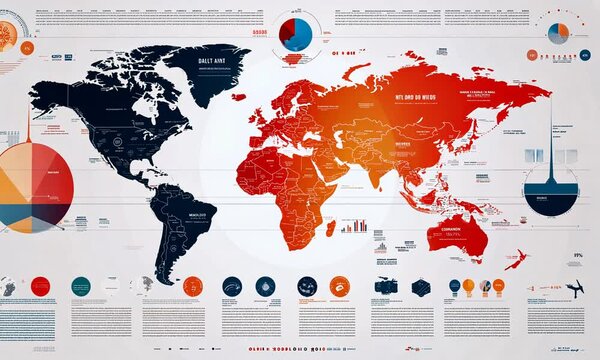 A colorful world map infographic displaying various global statistics and data visualizations.