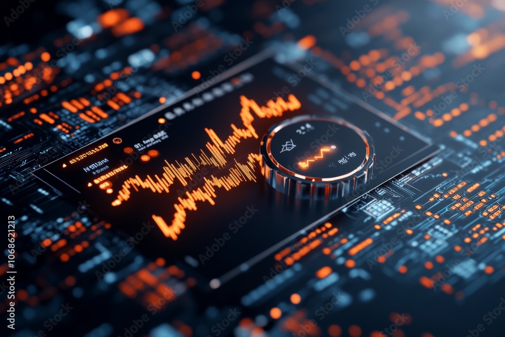 Poster a sophisticated digital dashboard with glowing financial graphs, representing the intersection of te