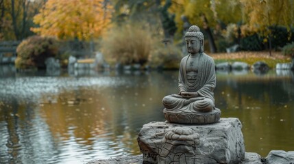 Tranquil Buddha Statue by Calm Pond