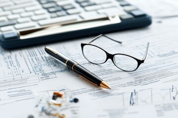 A detailed view of technical blueprints accompanied by a pen and glasses on a desk, representing precision, knowledge, and academic dedication in engineering.