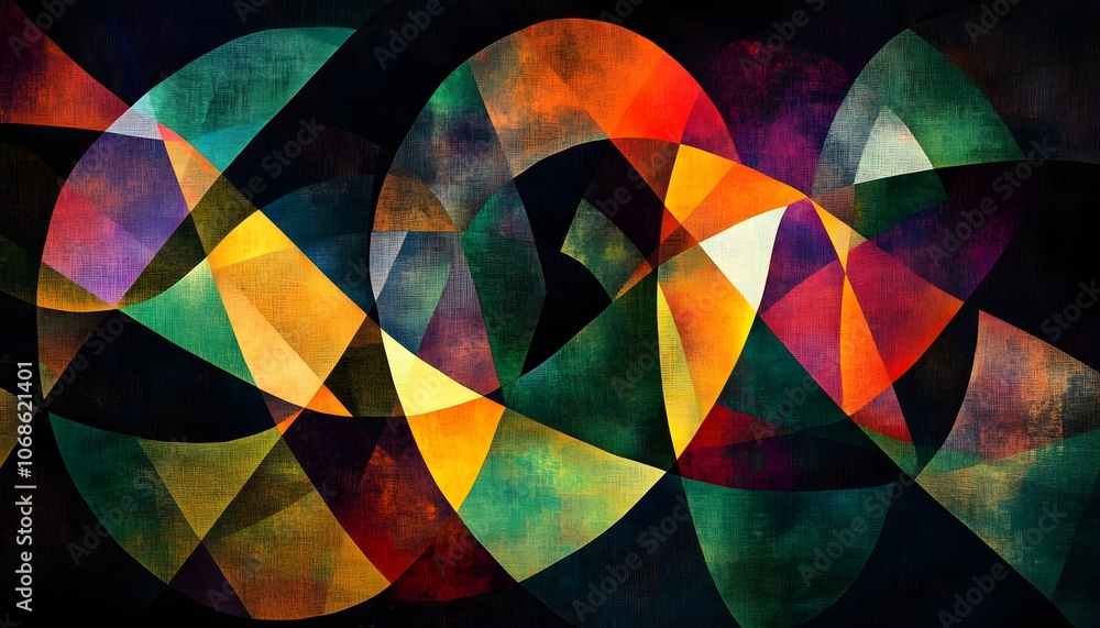 Poster a vibrant abstract composition featuring dynamic shapes and colors, creating a striking visual exper