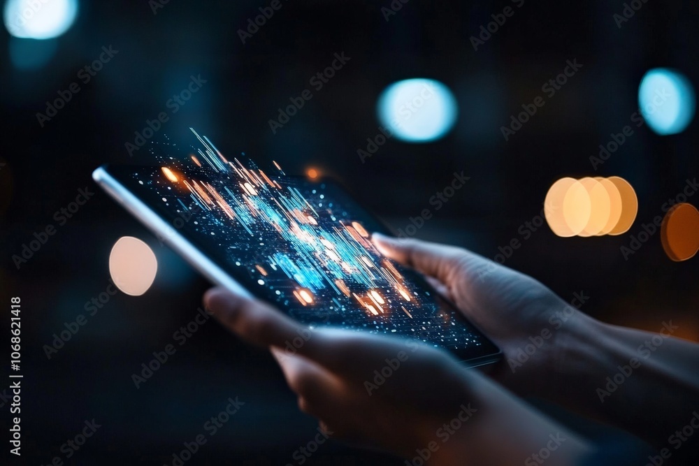 Poster a person holds a tablet displaying digital data, illuminated by abstract lights in a dark setting, r