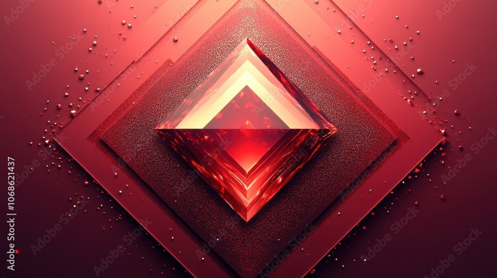 Poster a captivating geometric composition featuring a red gemstone-like structure surrounded by layers and
