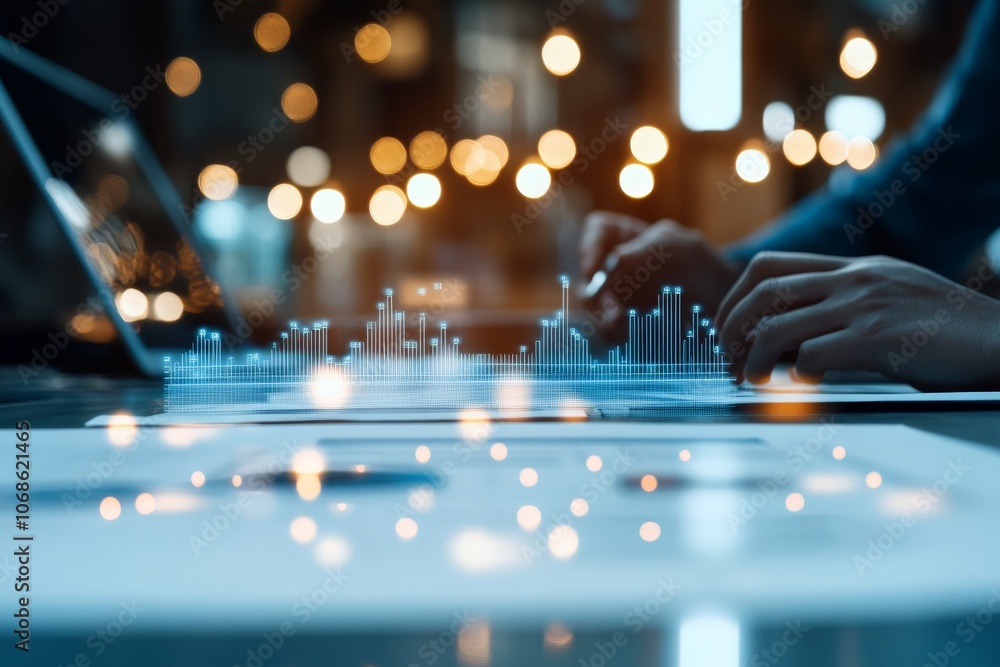 Poster a close-up of hands typing on a laptop keyboard with futuristic digital data overlays, symbolizing t