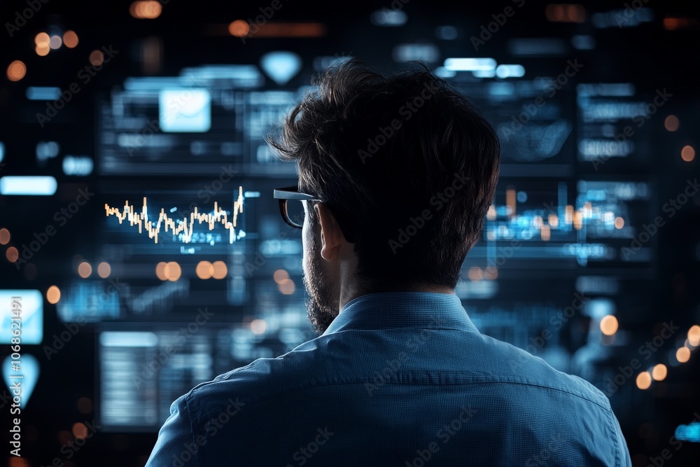 Poster a person is looking at a screen displaying futuristic stock graphics, surrounded by digital data vis
