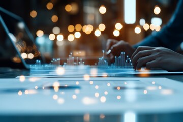 A close-up of hands typing on a laptop keyboard with futuristic digital data overlays, symbolizing technology, connectivity, and modern digital communication.