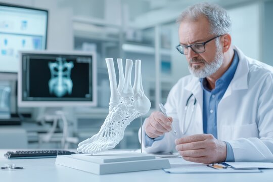 A medical professional examines a 3D model of an ankle, highlighting the details of human anatomy within a modern lab environment.