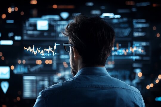 A person is looking at a screen displaying futuristic stock graphics, surrounded by digital data visuals, symbolizing advanced analytics and future markets.