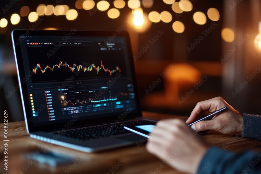 Poster close-up of hands using a laptop, displaying trading graphs and financial data analysis; evening set