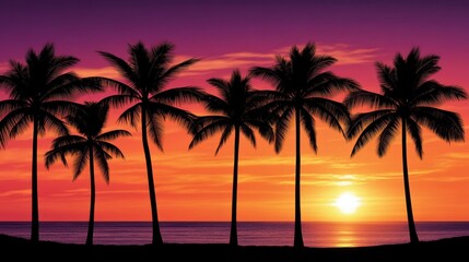 Naklejka premium Silhouetted palm trees against a vibrant sunset sky, creating a tropical and serene atmosphere.