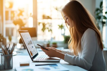 Young woman seated at a desk in a brightly lit office, carefully examining data on her laptop, depicting attention, analysis, and digital proficiency.