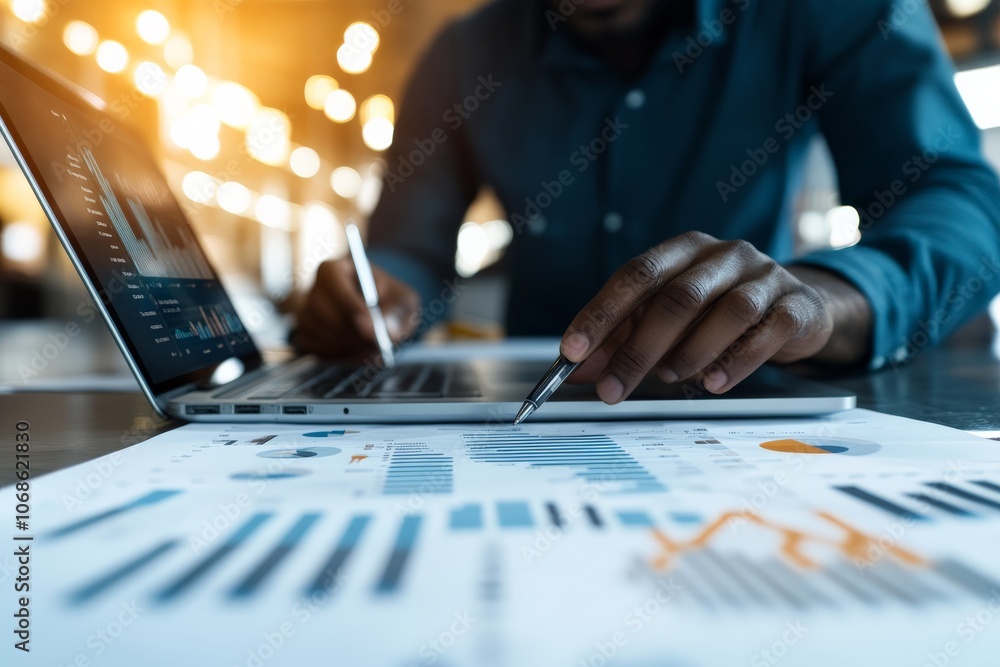 Poster a person uses a laptop and pen to analyze financial graphs and charts on paper, illustrating the int