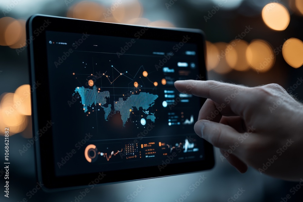 Poster a hand interacts with a digital tablet displaying a complex world map and data visualizations, symbo