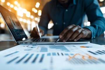 A person uses a laptop and pen to analyze financial graphs and charts on paper, illustrating the integration of technology and traditional data analysis methods.