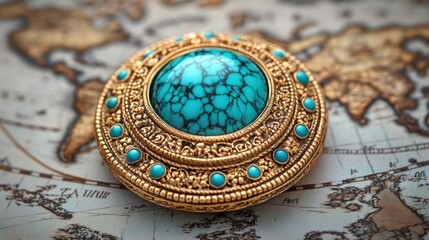 Beautiful turquoise brooch resting on an ancient map, symbolizing exploration and adventure in distant lands