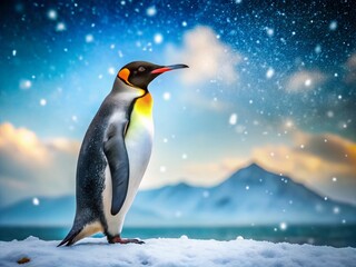 Fototapeta premium Solitary King Penguin in Snowy Landscape - Majestic Wildlife Scene with Soft Focus Background, Perfect for Nature Lovers and Animal Photography Enthusiasts