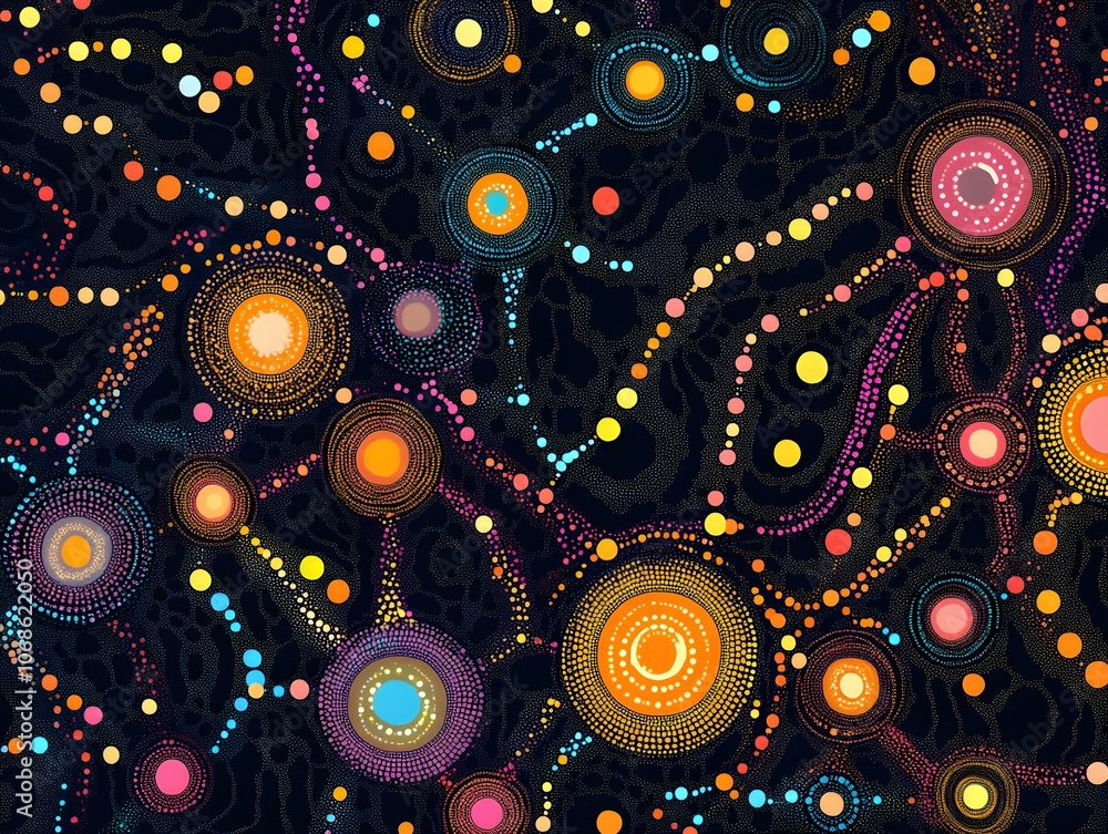 Poster abstract colorful pattern of glowing circles and dots on dark background.