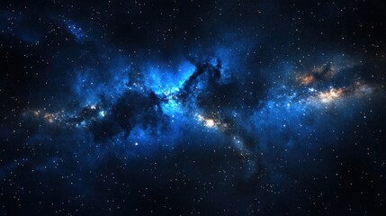 A stunning cosmic scene showcasing deep blue nebulae and luminous stars against a dark backdrop of space.