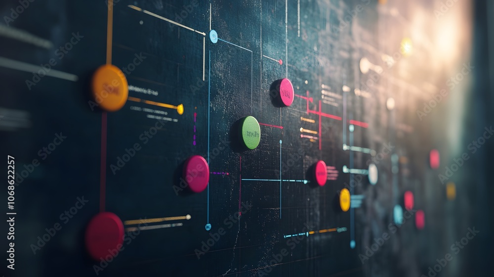 Poster abstract digital network with colorful nodes connected by lines on a dark background.
