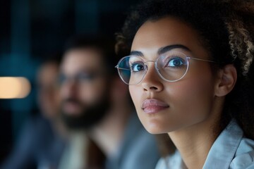 A young woman with round glasses sits attentively, her face illuminated by screen light, symbolizing modern professional focus and determination.