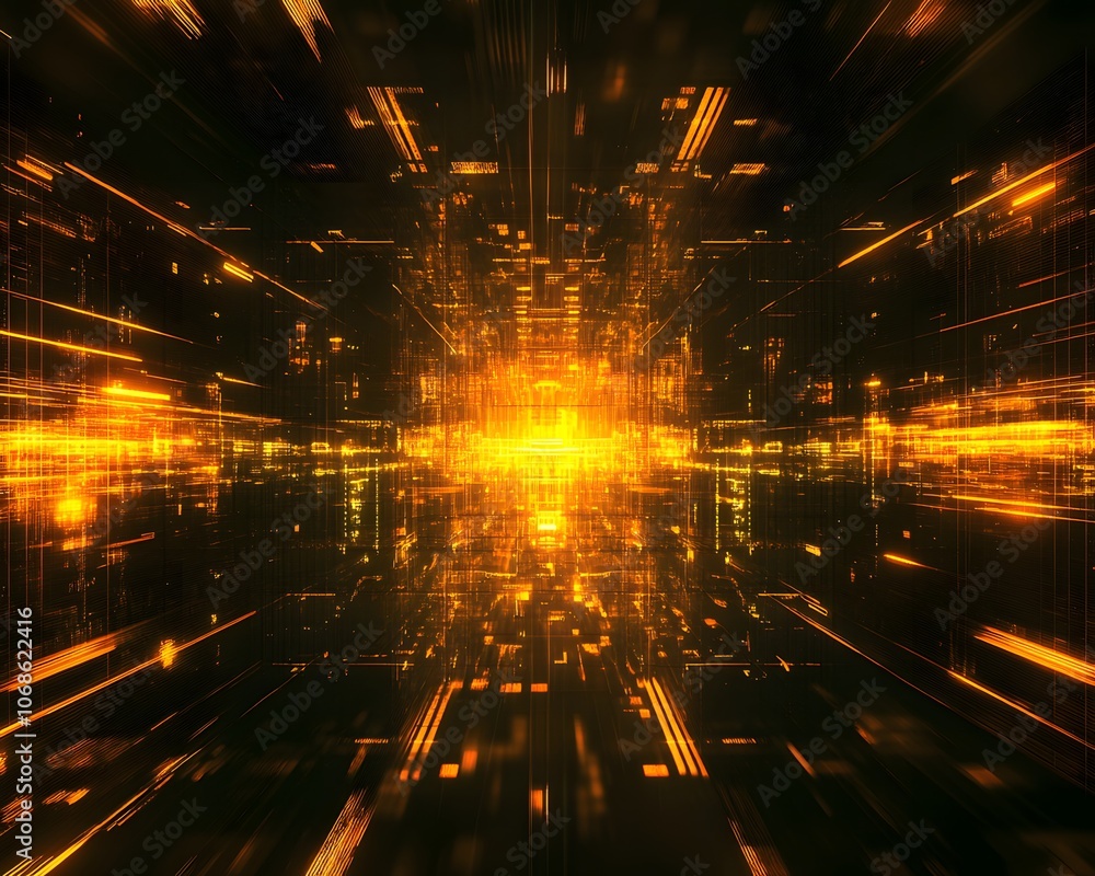 Poster abstract glowing golden light beams in a digital space, creating a dynamic and futuristic atmosphere