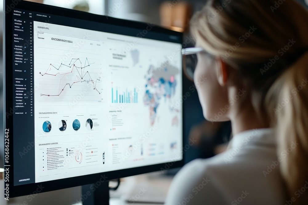 Poster a focused professional analyzing diverse data visualizations on a computer screen, evoking concepts 